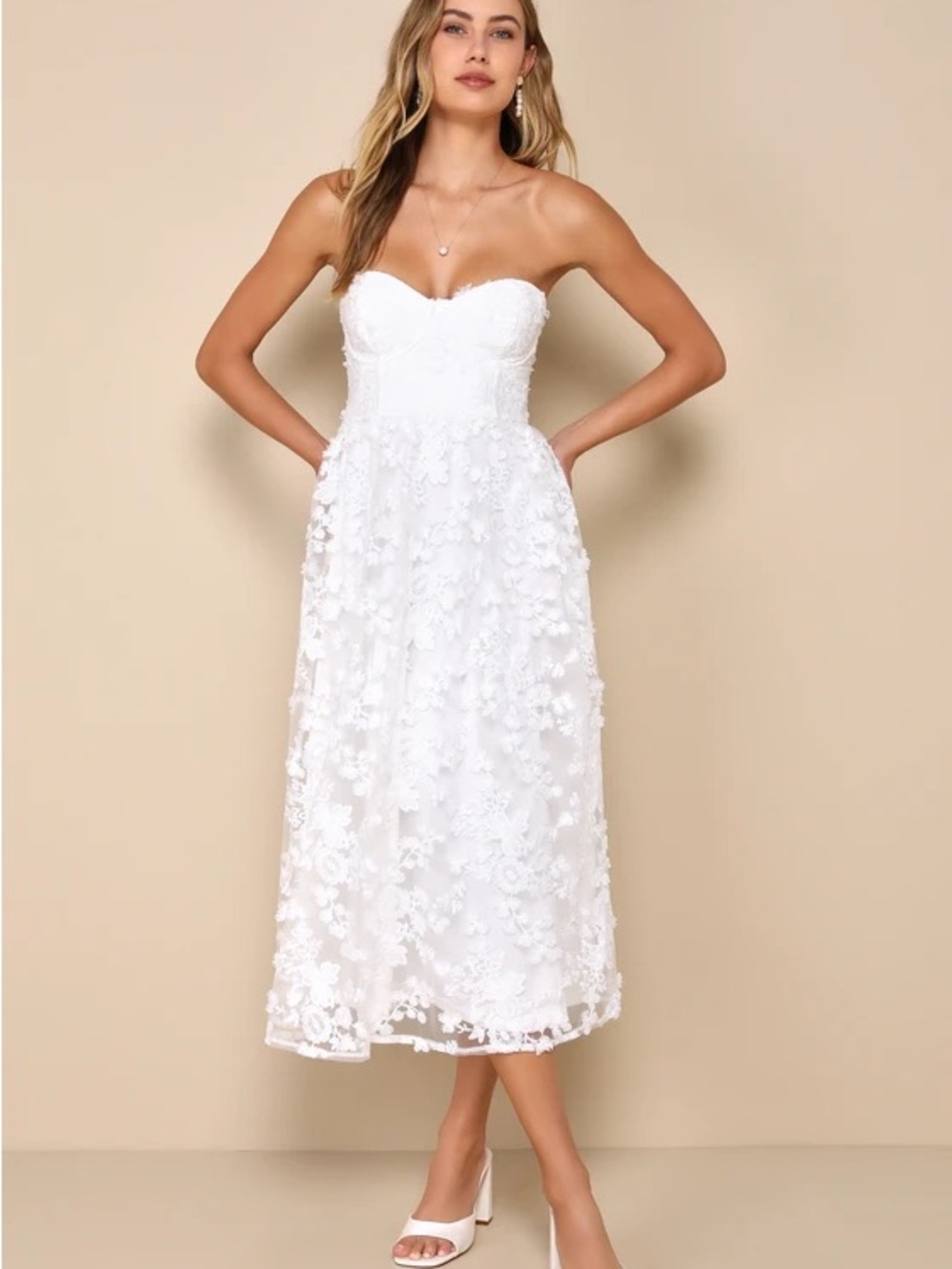 Lulu's White Strapless Floral Appliqué Midi Dress
